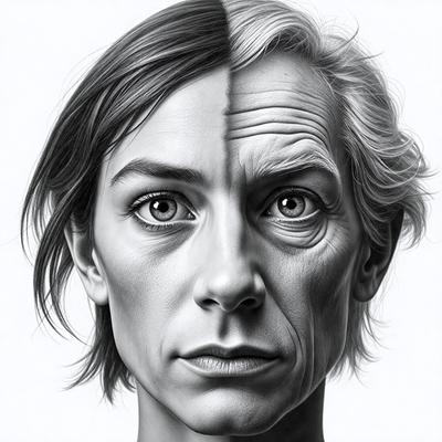 The image is a black and white drawing of a woman's face. The drawing is a split image, showing two different sides of the woman's face. The woman's face is the primary subject, and the drawing style is a combination of photo and illustration. The colors are predominantly black and white, giving the image a classic and timeless feel.